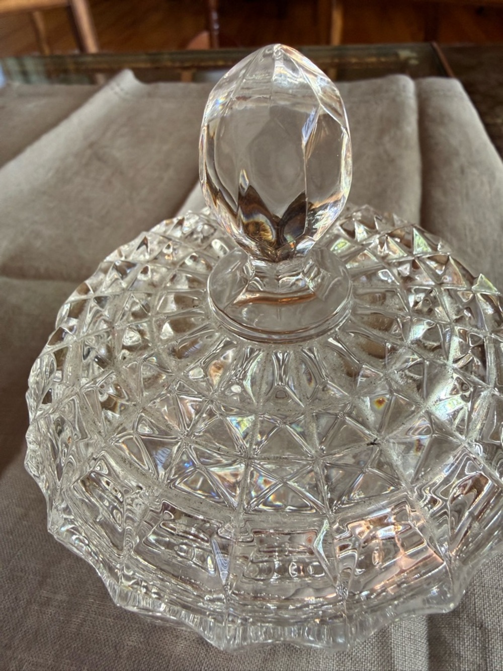 Vintage Cut Glass Covered Candy Dish - Clear Pressed Glass - Picture 5 of 7